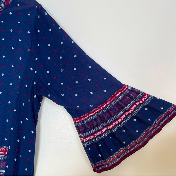 Lucky Brand Navy & Red Bell Sleeve Boho Peasant Blouse Size L - Picture 5 of 11
